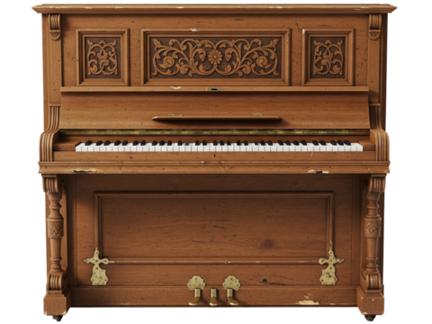 Classic wooden upright piano with carved decorations isolated on a transparent background