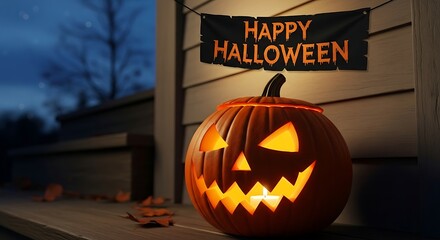 Halloween pumpkin jack-o-lantern glowing at night.