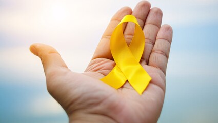 Hand holds yellow ribbon symbol of hope and awareness