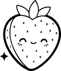 Strawberry blushing shyly with tiny sparkles line art vector icon