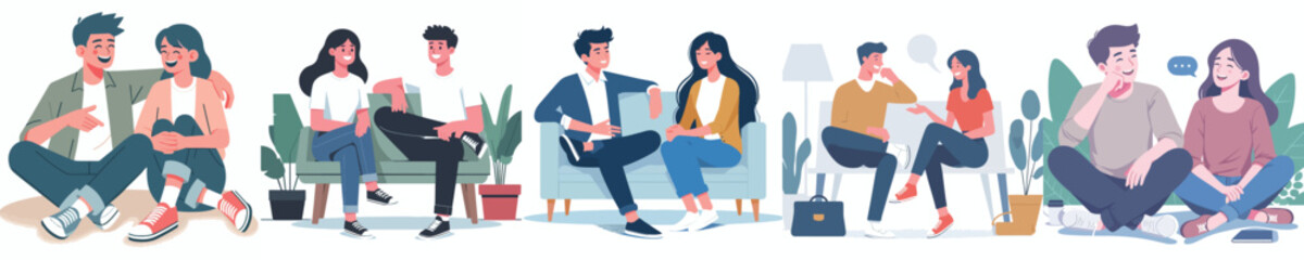 vector two couples sitting talking happily