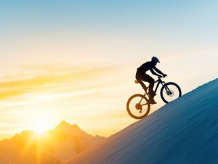 Fototapeta premium A silhouette of a mountain biker ascending a snowy slope at sunset, showcasing determination and adventure against a stunning backdrop.