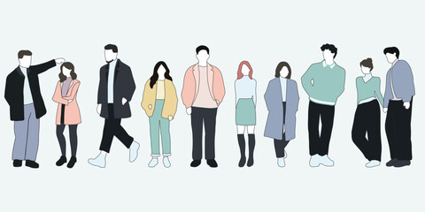 flat minimal people male and female vector illustration in winter clothing with outline concept isolated set collection. For architecture rendering, graphic design, info graphic, media