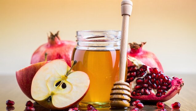 Sweet rosh hashanah symbols of apple and honey with pomegranate