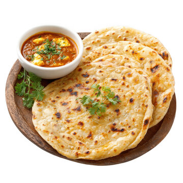  Freshly made soft fluffy whole wheat indian bread or roti, phulkan, kulcha thali with paneer butter masala sabji [Transparent Background PNG].
