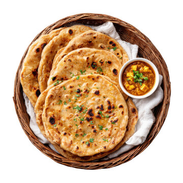 Freshly made soft fluffy whole wheat indian bread or roti, phulkan, kulcha thali with paneer butter masala sabji [Transparent Background PNG].
