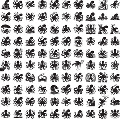 Octopus full black silhouette set in various poses