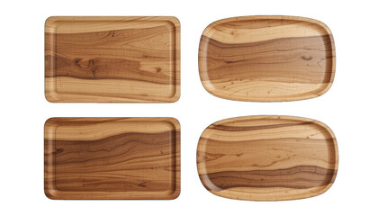 Naklejka premium Four Wooden Trays of Various Shapes on Black Background isolated on a transparent background