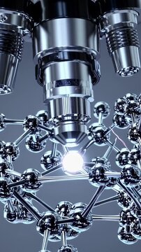Multiple high tech scientific instruments are simultaneously analyzing and manipulating intricate molecular structures, showcasing advanced technology in scientific research and development