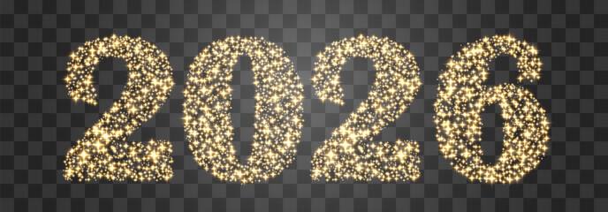 Vector Happy New Year 2026, shiny particles design. Vector luxury light sparkles. Vector glitter particles shine isolated on png background