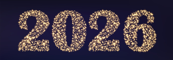 Vector Happy New Year 2026, shiny particles design. Vector luxury light sparkles. Vector glitter particles shine isolated on png background