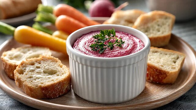 Preparing a tasty dip served with colorful fresh vegetables and slices of bread on a rustic wooden surface