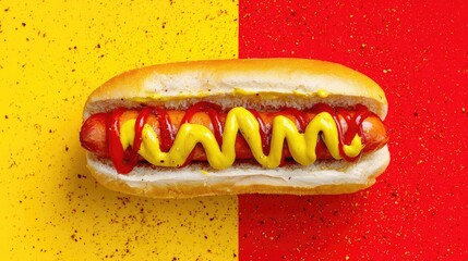 Hot dog with mustard and ketchup on yellow and red background