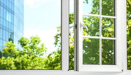 Open window view of city and trees