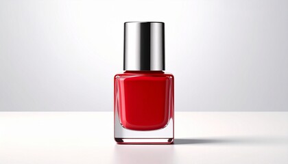 A clear glass bottle of vibrant red nail polish with a shiny silver cap sits against a soft gray-white gradient&mdash;evoking elegance, precision, and the expressive charm of personal style.