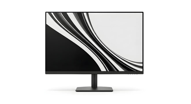 Modern Computer Monitor Displaying Dynamic Abstract Black and White Wavy Design, Isolated on a Clean White Background