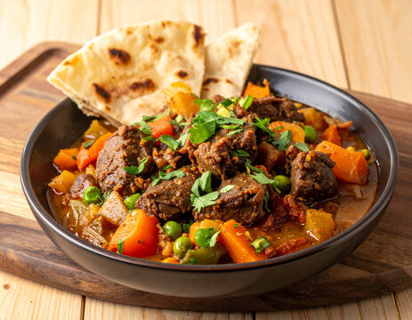 Heaping plate of Mauritanian tharid with stewed lamb pieces, vegetables, and torn flatbread.