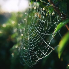 Dew-kissed Spiderweb in Lush Green Foliage