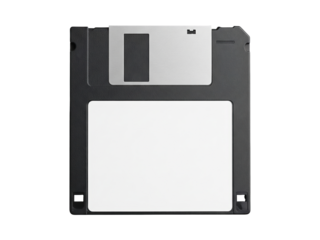 Retro black and white floppy disk computer storage device isolated on a transparent background