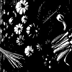 Abstract black and white graphic of an autumn harvest with stylized pumpkins, corn, and wheat in a woodcut style.