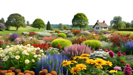 A beautiful garden with a variety of colorful flowers and a small house in the background on a sunny day, creating a peaceful and idyllic scene isolated on transparent background