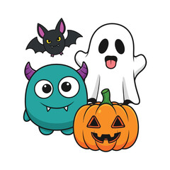 Cute Halloween Characters Bat Ghost Monster Pumpkin.