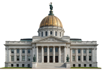 Isolated American architecture landmark with gold dome and detailed stone facade structure