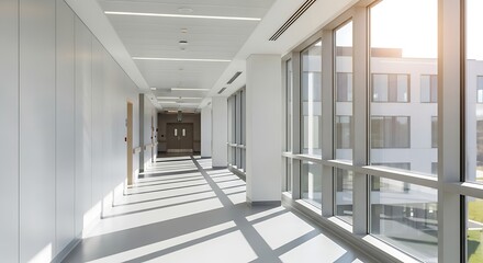 Obraz premium Modern Office Hallway with Sunlight and Large Windows.