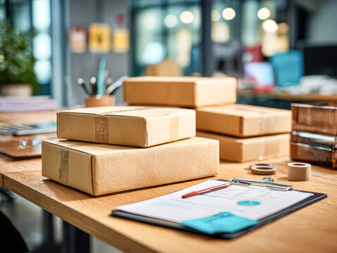 A workspace scene featuring stacked cardboard boxes and a clipboard with documents, reflecting organization and logistics.