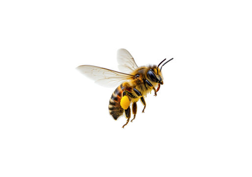 Isolated honey bee in flight against neutral background carrying pollen on its legs