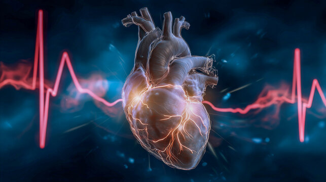 Heart pulsating with energy against a vibrant waveform background representing life and vitality