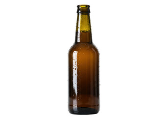 Isolated amber beer bottle, condensation on glass, liquid refreshment, brown beverage
