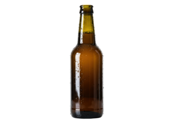 Isolated amber beer bottle, condensation on glass, liquid refreshment, brown beverage