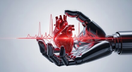 Naklejka premium Robotic Hand Holding Human Heart with ECG Line Illustrating Medical Technology and AI Healthcare