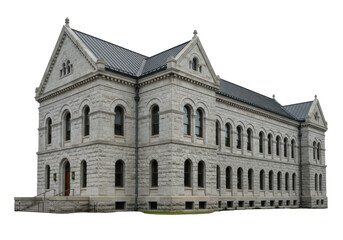 Isolated public building showcases late 19th-century architectural style with detailed stone work