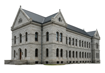 Isolated public building showcases late 19th-century architectural style with detailed stone work