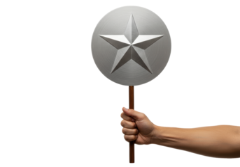 Isolated Arm Holds Round Metal Prop With Pointed Star Sign, Represents a Captain America Shield