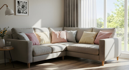 Modern living room design with beige sectional sofa and pastel pillows for home decor inspiration