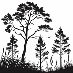 set of silhouettes of trees