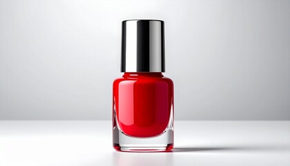 A clear glass bottle of vibrant red nail polish with a shiny silver cap sits against a soft gray-white gradient—evoking elegance, precision, and the expressive charm of personal style.