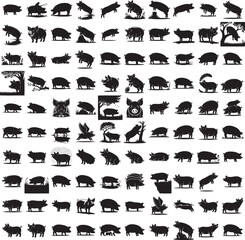 Pig full black silhouette set in various poses