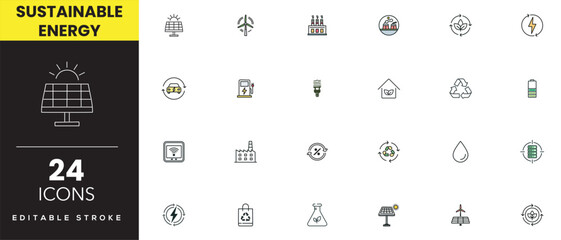 Sustainable Energy line Icon Set | Renewable Power & Eco Technology Symbols