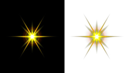 Bright Glowing Starburst Light Effect with Radiant Yellow and Orange Glow on Black Background