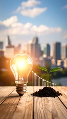 Illuminated lightbulb, growing plant, and city skyline.  A conceptual image