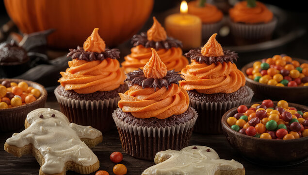 Halloween cupcakes with orange frosting and chocolate base, surrounded by ghost shaped cookies and candy. Festive sweet dessert on rustic table. Holiday celebration bakery and autumn treat.