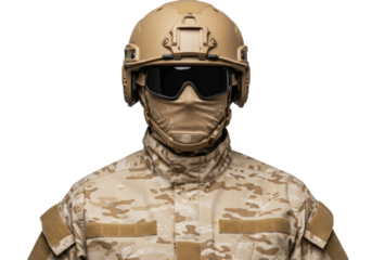 Isolated Soldier in Camouflage Gear and Helmet Ready for Action on Duty Professionally
