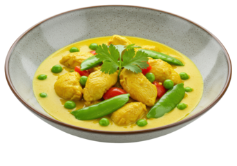 Isolated dish of yellow curry with chicken pieces, snow peas and cilantro sprig