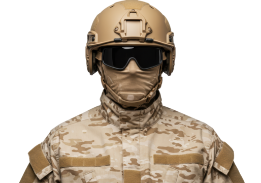 Isolated Soldier in Camouflage Gear and Helmet Ready for Action on Duty Professionally
