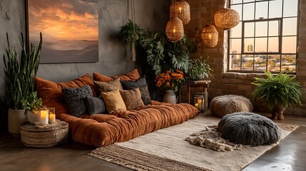 Luxury bedroom interior with comfortable bed sofa and modern decor