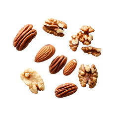 Pile of mixed nuts, various types, close-up isolated on background (PNG)